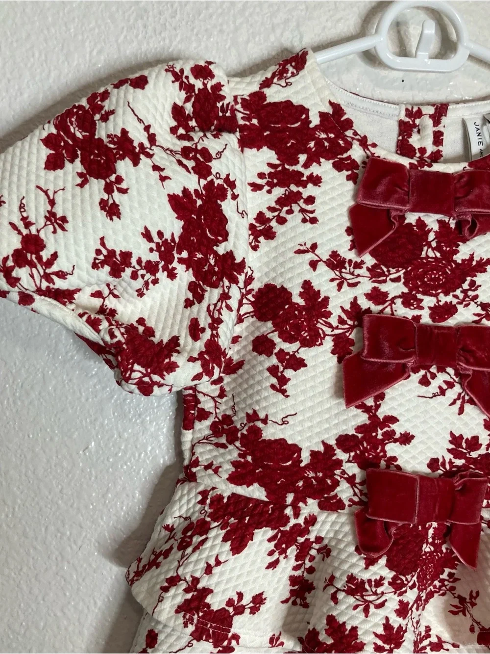 New JANIE AND JACK Toile velvet Bow Dress Red Floral Puff Sleeves